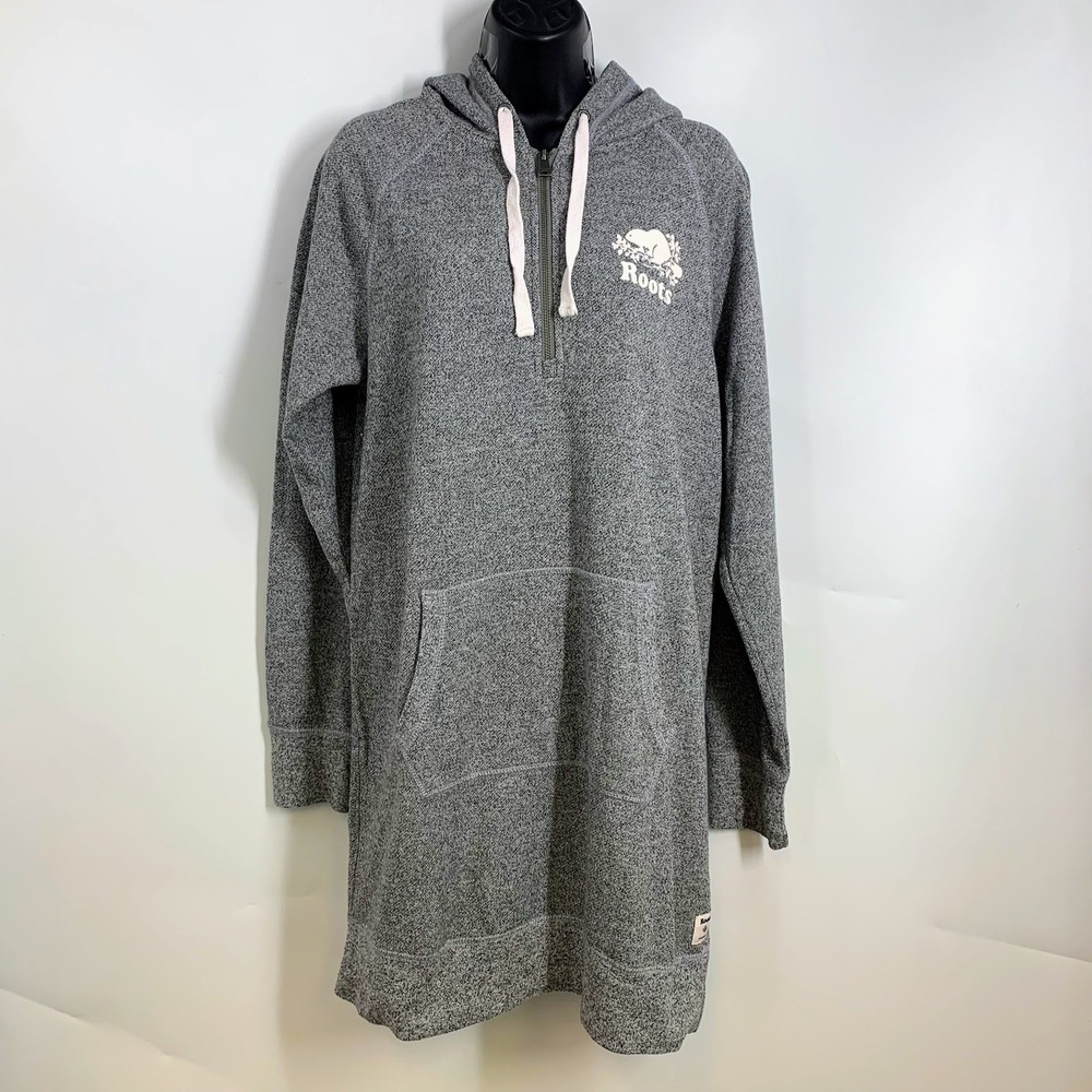Roots Gray Heathered Fleece Logo Hoodie Dress Size M Medium